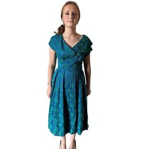 Vintage 1950's R&K Originals brocade blue and green wide neckline dress size XS